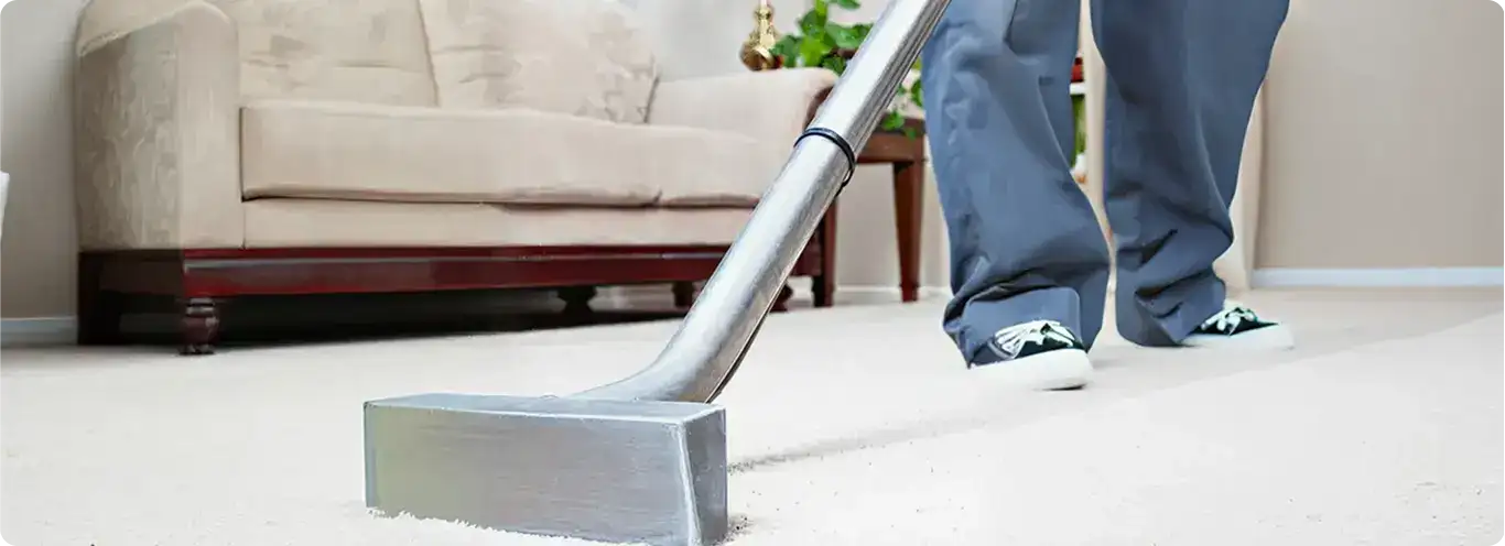 Carpet cleaning technician using a hot-water extraction wand on a light-colored carpet in a living room, Evansville, IN.