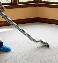 Steam carpet cleaning technician using a hot-water extraction wand on a residential carpet, wearing blue protective shoe covers Evansville, IN.