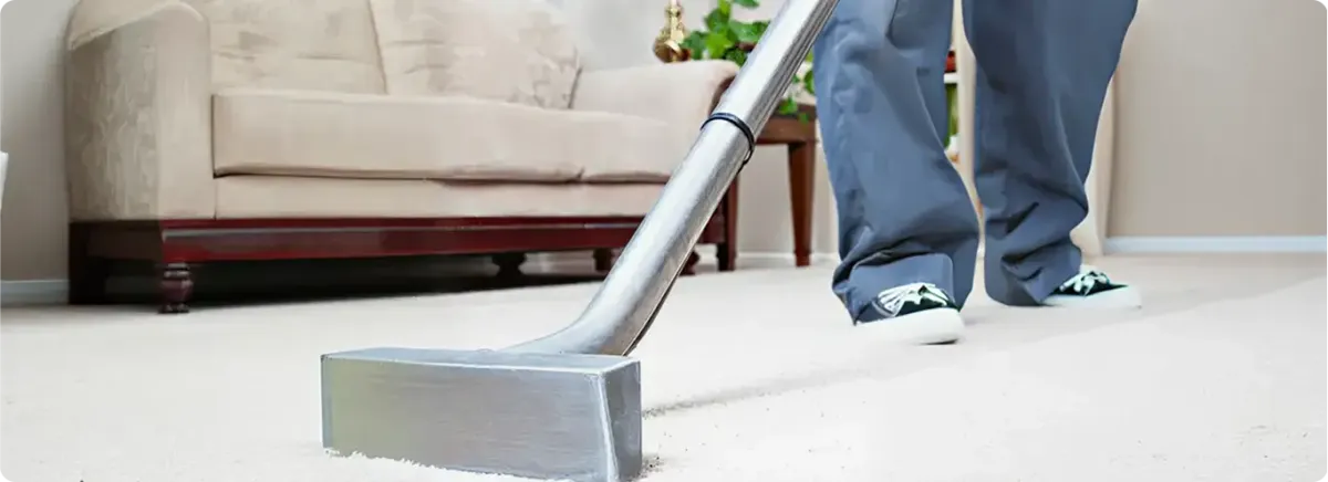 Carpet cleaning technician using a hot-water extraction wand on a light-colored carpet in a living room, Evansville, IN.